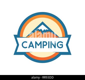 Badge de vecteur forme ronde de montagne Camping Expédition ou isolé sur blanc. Logo pour camping voyage, expédition et la nature Parcs. Autocollant ou banner Illustration de Vecteur