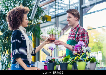 L'homme l'écoute d'un client tout en travaillant comme caissière dans un magasin de fleur Banque D'Images