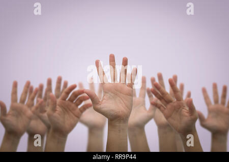 Groupe des mains humaines soulevées en hauteur sur fond rose. Business Concept Banque D'Images