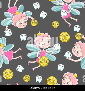 Une fée de dent à l'aide d'une pièce ont effectué plus d'une dent de lait de bébé. Seamless Vector modèle dans un style de dessin animé pour les enfants : stomatologie ou pour un enfant dentiste Illustration de Vecteur