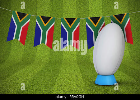 Afrique du Sud flag bunting avec un ballon de rugby et le ton. Le Rendu 3D Banque D'Images