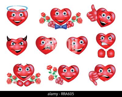Collection d'émoticônes drôles coeur isolé sur fond blanc. Style de dessin animé. Illustration vecteur EPS 10. Set 2 de 2. Illustration de Vecteur