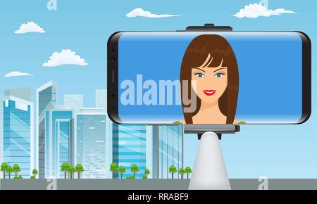 Monopied stick Selfies with girl face faire voyage video blogger. Vue sur la ville sur l'arrière-plan. Vector illustration. Illustration de Vecteur