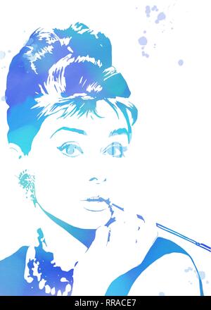 Audrey Hepburn Illustration à l'aquarelle ou la peinture. Regarder l'Art Banque D'Images