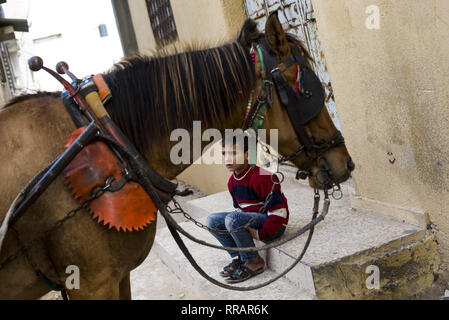 La ville de Gaza, la bande de Gaza, en Palestine. Feb 25, 2019. Un garçon palestinien vu assis à leur accueil dans un camp de réfugiés dans la ville de Gaza. Credit : Mahmoud Issa/SOPA Images/ZUMA/Alamy Fil Live News Banque D'Images