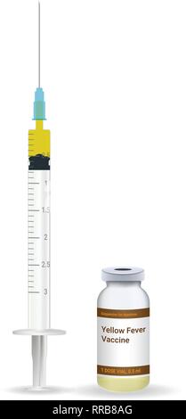 La vaccination, Vaccin contre la fièvre jaune seringue médicale en plastique avec aiguille et le flacon isolé sur un fond blanc. Vector Illustration. Illustration de Vecteur