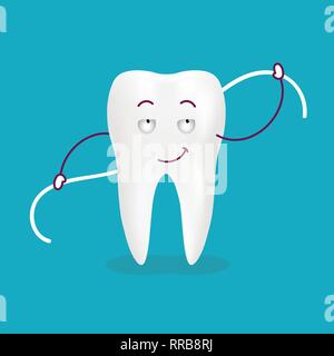 Cute Cartoon la dent avec le fil dentaire isolé sur un arrière-plan. Vector Illustration. Illustration de Vecteur