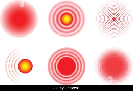 La concentration de la douleur d'icônes. Les cercles rouges et transparents montrant l'épicentre de la douleur. Douleurs dans les muscles, des jambes, de la tête, corps. Isolé sur fond blanc Illustration de Vecteur