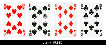 Quatre cartes à jouer isolé sur fond blanc, montrant des dizaines de chaque costume - Coeurs, clubs, bêches et diamants Banque D'Images