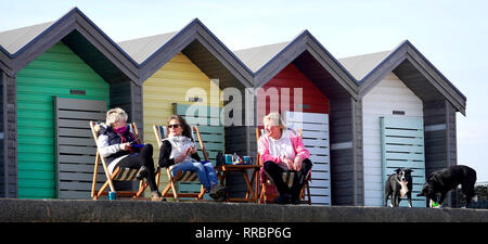 Mesdames profiter d'un déjeuner au soleil à Blyth dans le Northumberland. Les prévisionnistes ont dit qu'après ce week-end de temps exceptionnellement doux, les températures plus tard cette semaine devraient revenir à la normale. Banque D'Images