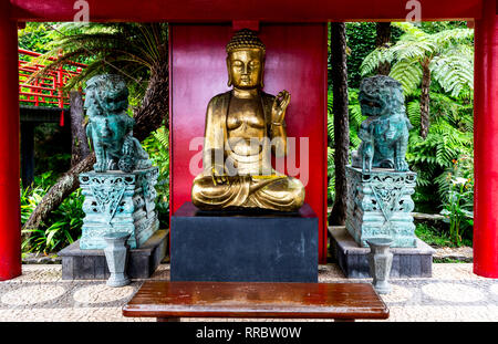 Statue du Bouddha d'or dans le jardin japonais, Jardins tropicaux de Monte Palace, Funchal, Madère, Portugal. Banque D'Images