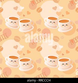 Motif transparent mignon avec des tasses de café et les mots "J'aime le café". Banque D'Images