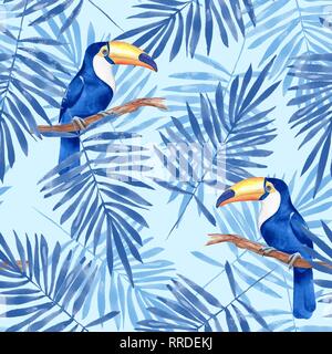 Feuilles de palmier et Toucan. Motif transparent Tropical Banque D'Images