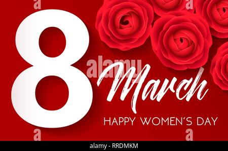 Heureux Womens Day - le 8 mars, la bannière de félicitations avec roses rouges sur fond rouge. 8 Blanc sur rouge. Vector illustration. Illustration de Vecteur