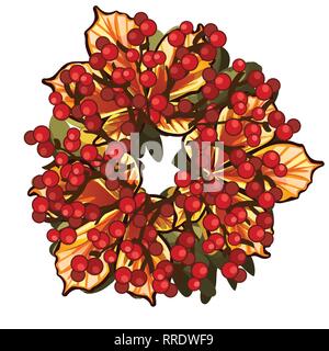 Une guirlande de feuilles séchées de châtaigniers et de baies rouges de houx isolé sur fond blanc. Cartoon Vector illustration close-up. Illustration de Vecteur