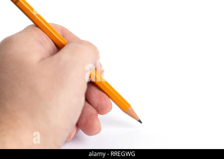 Avec un crayon à la main. Plus de papier vide blanc vide. L'Imitation de l'écriture. Isolé sur fond blanc Banque D'Images