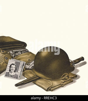 L'équipement du soldat, Casque, Bayonette, et des photos de la maison. Banque D'Images