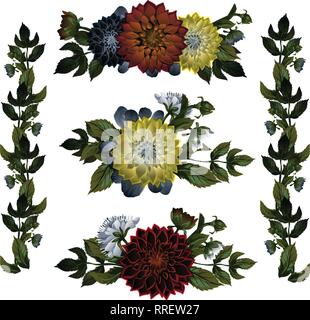 Superbe collection de bouquets ou bouquets de roses rouges et de fleurs sauvages et de plantes à fleurs isolé sur fond blanc. Ensemble de floral Illustration de Vecteur