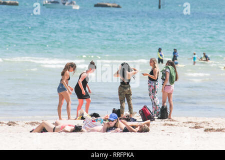 Adélaïde, Australie. Feb 26, 2019. Espcape les gens à la plage de Glenelg sur une chaude journée torride à Adélaïde comme un code rouge est émis à l'avance d'une semaine d'une chaleur extrême dans le sud de l'Australie avec des températures devrait dépasser 37 degrés celcius Credit : amer ghazzal/Alamy Live News Banque D'Images