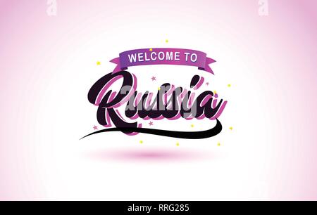 Bienvenue à la Russie texte créatif avec police manuscrite Purple Pink Colors Design Vector Illustration. Illustration de Vecteur