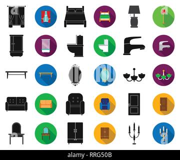 Appartement,accessoires,fauteuil,baignoire,lit, tables de chevet,Black,télévision,bougie,café,lustre,collection,couleur,rideau,confort,design,bureau,dressing,porte,robinet,Marbre,flanc,lampe,meubles,mobilier,poignée titulaire,Accueil,icon,illustration,lampe,isolé,miroir,logo,modernes,retro,set,douche,signer,canapé,table,symbole,style,toilettes,divers,armoire,fenêtre,bois,vecteurs vecteur , Illustration de Vecteur