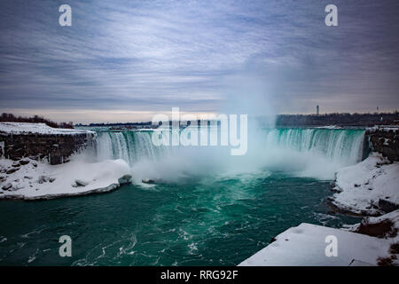 Frozen Winter idyll à Horseshoe Falls, la partie canadienne des chutes Niagara, vue montrant ainsi que le cours supérieur de la rivière Niagara Banque D'Images