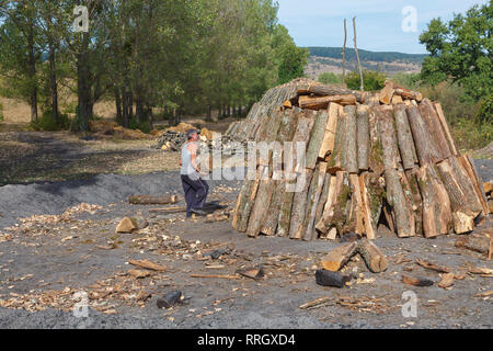 Charbon locaux travaillant sur la préparation de sciage pour la gravure, Viscri, région de Brasov, en Transylvanie, Roumanie, Europe de l'Est Banque D'Images