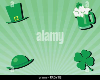 St Patricks day greeting fête fond vert avec verre de bière, chapeaux et fleurs shamrock - vector illustration avec copie espace pour l'écriture Illustration de Vecteur