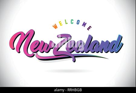 NewZealand Bienvenue dans Word avec texte manuscrit rose pourpre de la création et conception de forme de polices Swoosh illustration vectorielle. Illustration de Vecteur