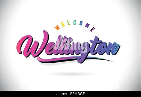 Bienvenue à Wellington mot texte créatif avec rose pourpre et police manuscrite Swoosh Design Forme Vector Illustration. Illustration de Vecteur