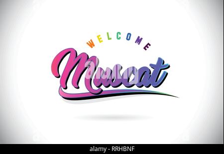 Muscat Bienvenue dans Word avec texte manuscrit rose pourpre de la création et conception de forme de polices Swoosh illustration vectorielle. Illustration de Vecteur