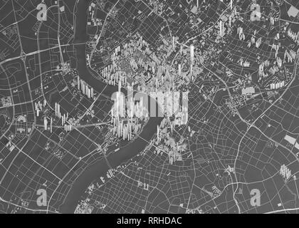 Vue satellite de Shanghai, carte de la ville avec la maison et le bâtiment. Gratte-ciel. La Chine. République populaire de Chine. Le rendu 3D Banque D'Images