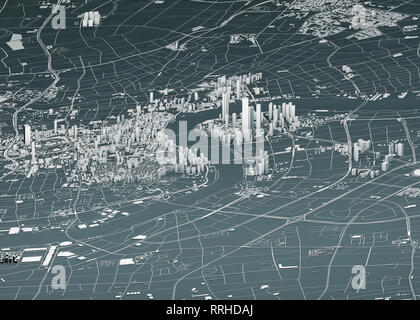 Vue satellite de Shanghai, carte de la ville avec la maison et le bâtiment. Gratte-ciel. La Chine. République populaire de Chine. Le rendu 3D Banque D'Images