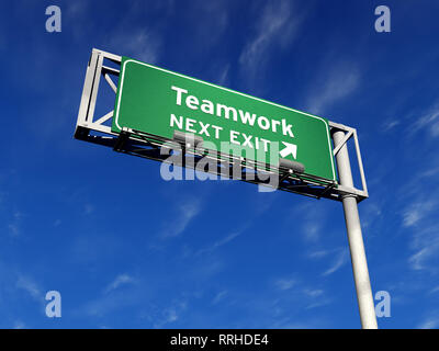 Super haute résolution 3D render of freeway sign, prochaine sortie... Le travail d'équipe ! Banque D'Images