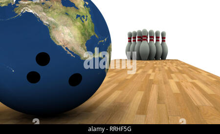 Raytraced haute résolution 3D render of terre boule de bowling et les axes en arrière-plan. 6 shot, se concentrer sur la terre. Texture terre carte créée à l'aide de la dom Banque D'Images