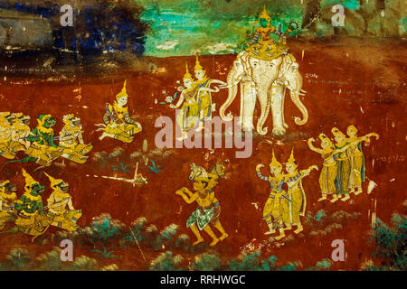 Fresque du Reamker, la version khmère du Ramayana poème épique, Palais Royal cloîtres, Palais Royal, Phnom Penh, Cambodge, Indochine Banque D'Images