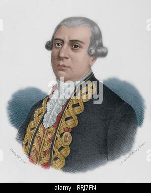 José Joaquín Romero y Fernández de Landa (Galaroza, provincia de Huelva, 1735-Madrid, 1807). Marino, militar y primer Ingeniero naval de la Real Armada Española. Dibujo por Berr. Litografía. Coloreada. Retrato. Crónica general de España, Historia Ilustrada Descriptiva y de sus Provincias. L'Andalousie, 1867. Banque D'Images