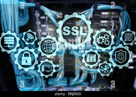 Le protocole sécurisé SSL concept. Protocoles cryptographiques fournissent des communications sécurisées. Arrière-plan de la salle serveur. Banque D'Images