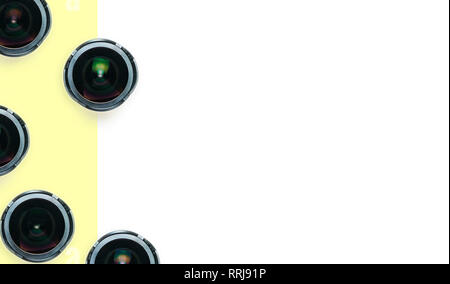 Variété de lentilles grand angle de l'œil de poisson blanc sur fond jaune Banque D'Images