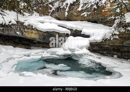 La frozen Johnston Creek dans le canyon Johnston, Banff National Park, Alberta, Canada Banque D'Images