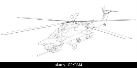 Silhouette d'hélicoptère militaire. Illustration de création 3d. Vector concept en fil de fer Illustration de Vecteur