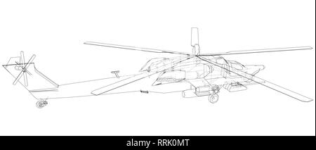 Silhouette d'hélicoptère militaire. Illustration de création 3d. Vector concept en fil de fer Illustration de Vecteur