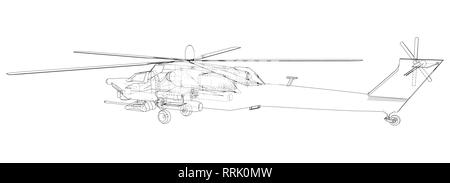 Silhouette d'hélicoptère militaire. Illustration de création 3d. Vector concept en fil de fer Illustration de Vecteur