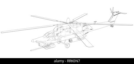 Silhouette d'hélicoptère militaire. Illustration de création 3d. Vector concept en fil de fer Illustration de Vecteur