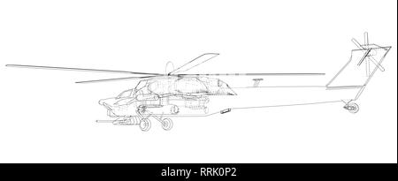 Silhouette d'hélicoptère militaire. Illustration de création 3d. Vector concept en fil de fer Illustration de Vecteur