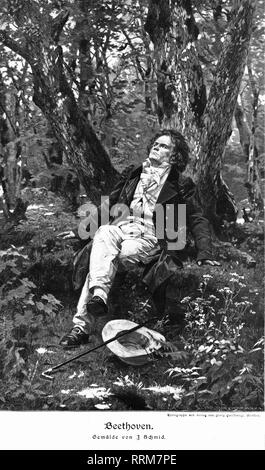 Beethoven, Ludwig van, 17.12.1770 - 26.3.1827, compositeur allemand, demi-longueur, assis dans la forêt, gravure sur bois, de 'Die Gartenlaube", 1905, d'après une peinture par Julius Schmid (1854 - 1935),, Additional-Rights Clearance-Info-Not-Available- Banque D'Images