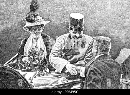 Franz Ferdinand, 18.12.1863 - 28.6.1914, héritier d'Autriche-Hongrie Presumtive 30.1.1889 - 28.6.1914, demi-longueur, avec son épouse Sophie duchesse de Hohenberg, peu après l'arrivée à Sarajevo, 28.6.1914, dessin contemporain, Additional-Rights Clearance-Info-Not-Available- Banque D'Images