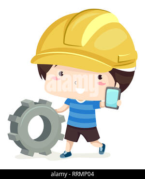 Illustration d'un enfant garçon portant un casque jaune, poussant une Cog et montrant un téléphone mobile. Développeur de l'application Banque D'Images