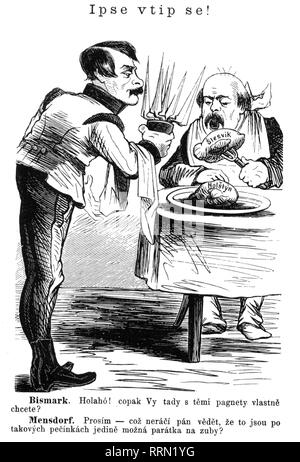 Bismarck, Otto von, 1.4.1815 - 30.7.1898, homme politique allemand, la caricature, la ministre autrichienne des affaires étrangères count Alexander Mensdorff-Pouilly est au service du Premier ministre prussien des baïonnettes au lieu de cure-dents, "catch-le vous-même', dessin, "Humoristicke Yasminacity', Prague, mars 1866, Additional-Rights Clearance-Info-Not-Available- Banque D'Images