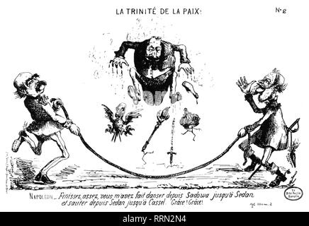 Napoléon III, 20.4.1808 - 9.1.1873, l'empereur français le 2.12.1852 - 2.9.1870, caricature, Otto von Bismarck et le roi Guillaume I. laissez-le saut à la corde, "La Trinité de la paix", journal de qualité, Bruxelles, fin 1870, Additional-Rights Clearance-Info-Not-Available- Banque D'Images